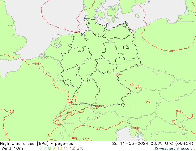 High wind areas Arpege-eu sab 11.05.2024 06 UTC