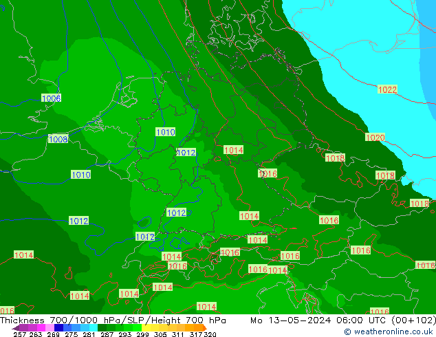 Schichtdicke 700-1000 hPa Arpege-eu Mo 13.05.2024 06 UTC