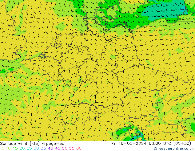 Vento 10 m Arpege-eu ven 10.05.2024 06 UTC