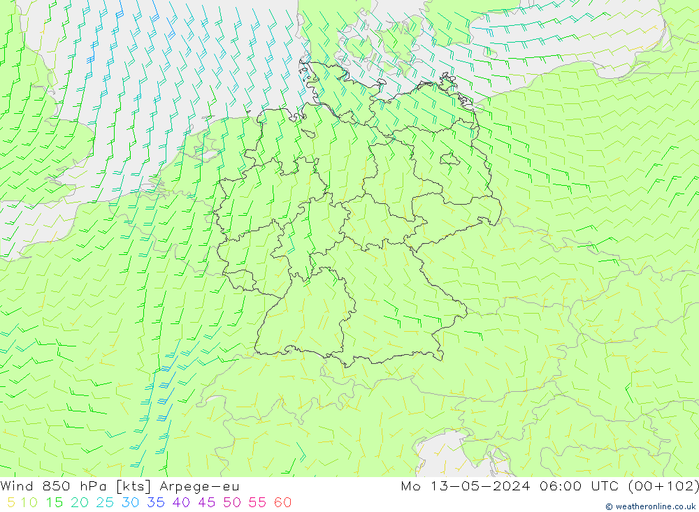 wiatr 850 hPa Arpege-eu pon. 13.05.2024 06 UTC