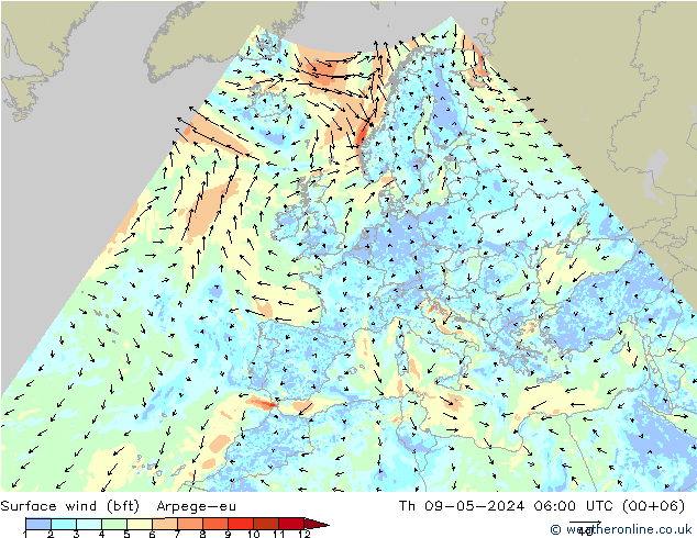 Surface wind (bft) Arpege-eu Th 09.05.2024 06 UTC