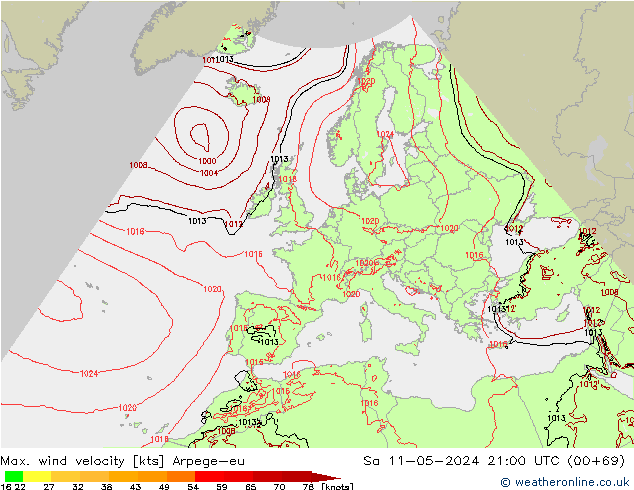 Max. wind velocity Arpege-eu Sa 11.05.2024 21 UTC