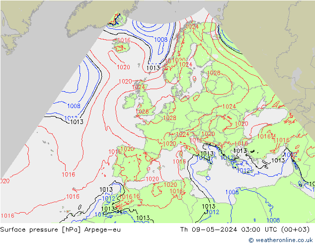 Pressione al suolo Arpege-eu gio 09.05.2024 03 UTC