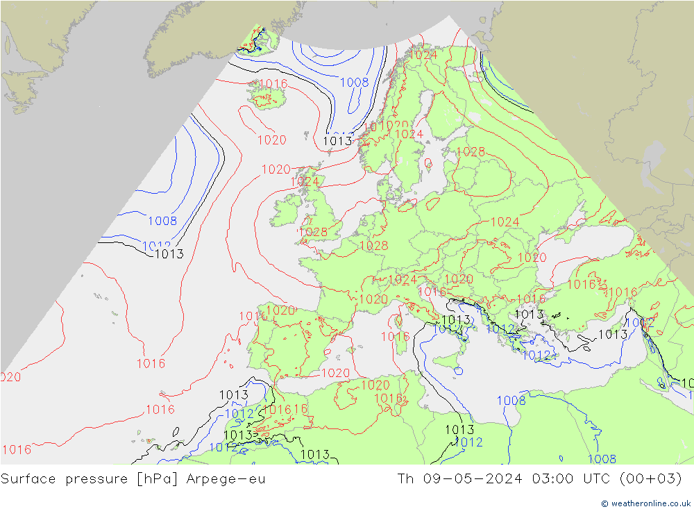 地面气压 Arpege-eu 星期四 09.05.2024 03 UTC