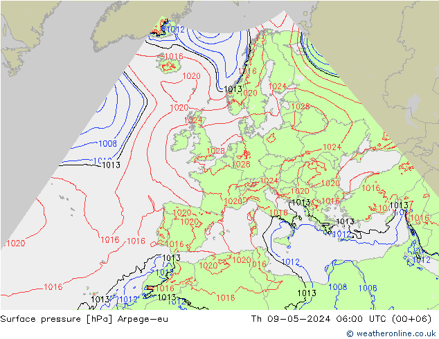 地面气压 Arpege-eu 星期四 09.05.2024 06 UTC