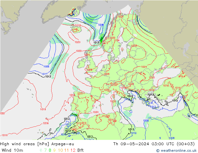 High wind areas Arpege-eu 星期四 09.05.2024 03 UTC