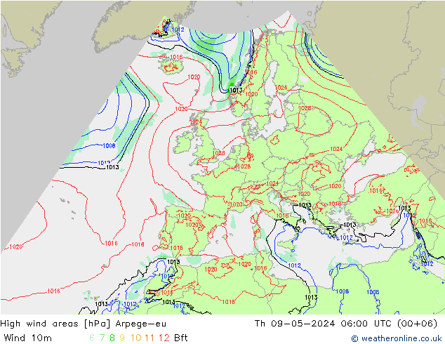 High wind areas Arpege-eu чт 09.05.2024 06 UTC