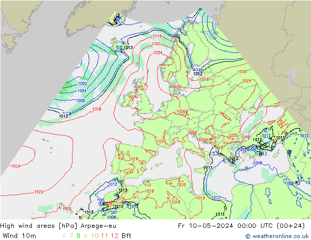 High wind areas Arpege-eu пт 10.05.2024 00 UTC