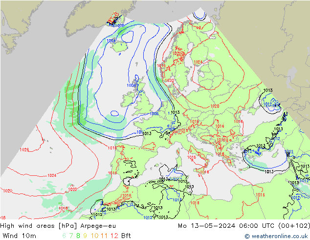 High wind areas Arpege-eu lun 13.05.2024 06 UTC