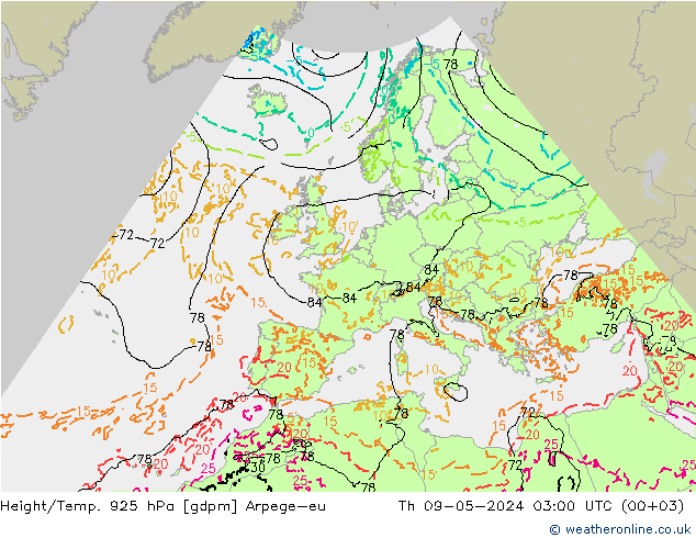 Height/Temp. 925 hPa Arpege-eu 星期四 09.05.2024 03 UTC
