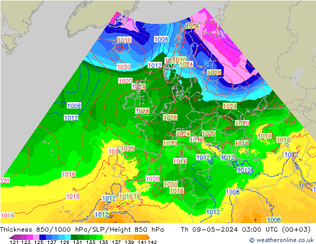 Thck 850-1000 hPa Arpege-eu 星期四 09.05.2024 03 UTC