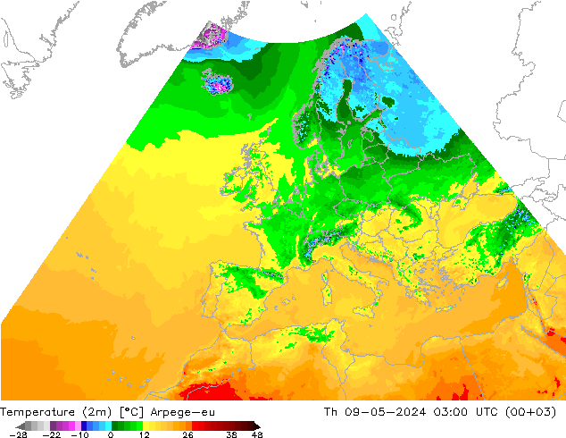 mapa temperatury (2m) Arpege-eu czw. 09.05.2024 03 UTC
