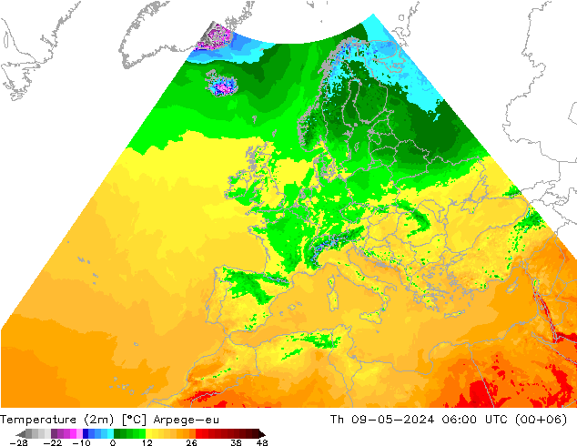 温度图 Arpege-eu 星期四 09.05.2024 06 UTC