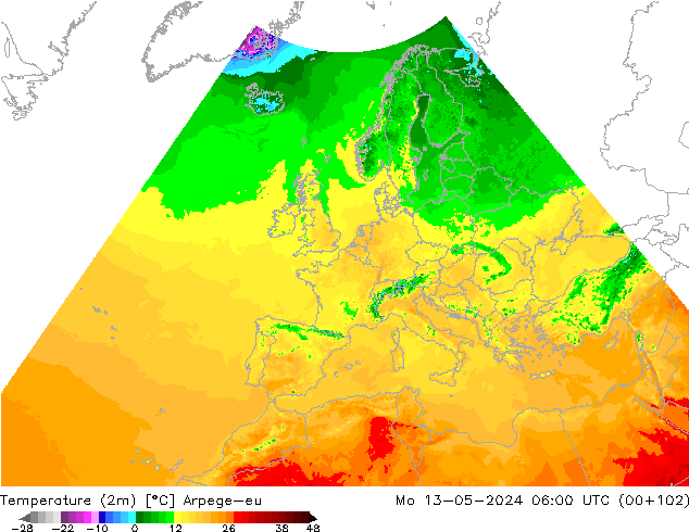 Sıcaklık Haritası (2m) Arpege-eu Pzt 13.05.2024 06 UTC