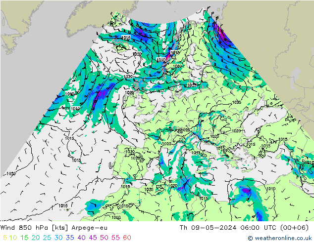 风 850 hPa Arpege-eu 星期四 09.05.2024 06 UTC