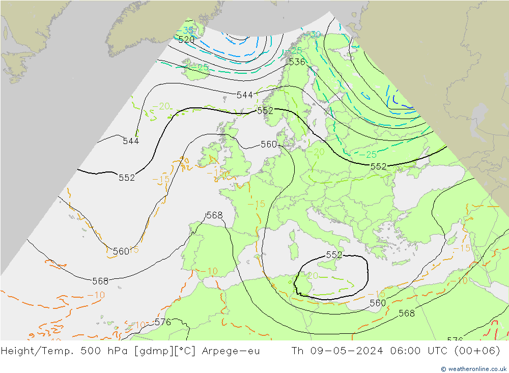 Height/Temp. 500 hPa Arpege-eu 星期四 09.05.2024 06 UTC