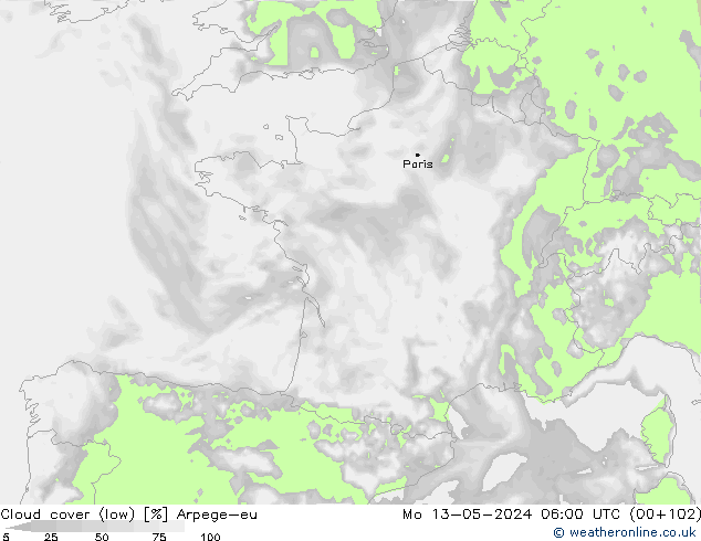 nízká oblaka Arpege-eu Po 13.05.2024 06 UTC