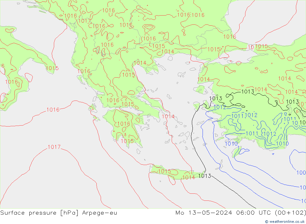 Pressione al suolo Arpege-eu lun 13.05.2024 06 UTC