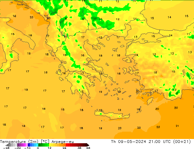 Temperature (2m) Arpege-eu Čt 09.05.2024 21 UTC