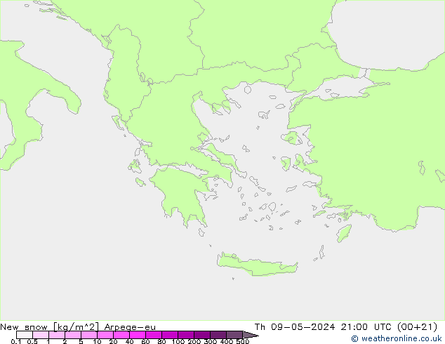 Nový sníh Arpege-eu Čt 09.05.2024 21 UTC