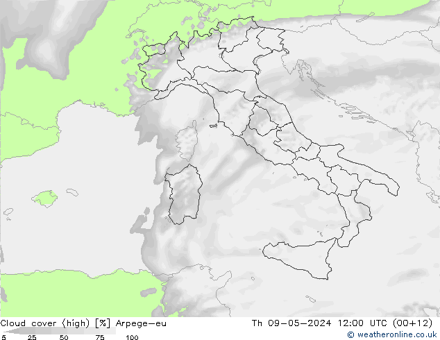 Cloud cover (high) Arpege-eu Th 09.05.2024 12 UTC