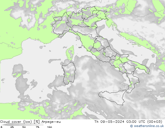 Cloud cover (low) Arpege-eu Th 09.05.2024 03 UTC