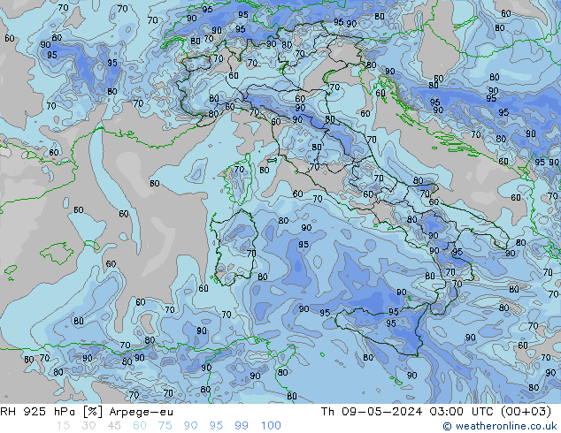 Humidité rel. 925 hPa Arpege-eu jeu 09.05.2024 03 UTC