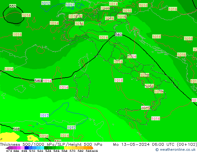 Espesor 500-1000 hPa Arpege-eu lun 13.05.2024 06 UTC