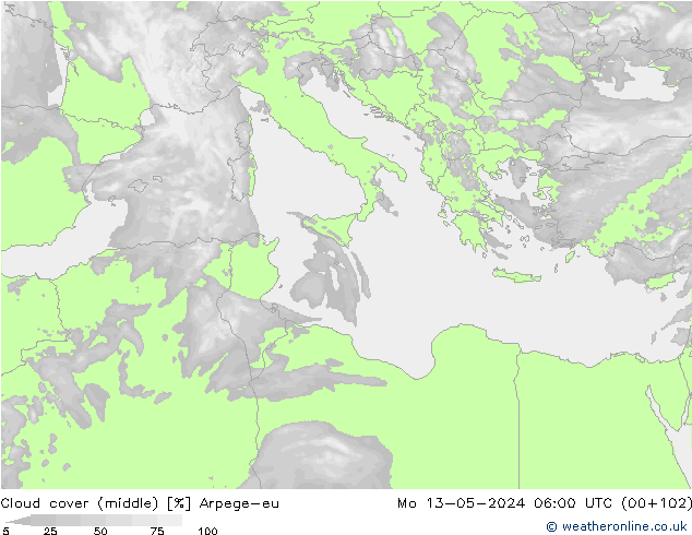 Cloud cover (middle) Arpege-eu Mo 13.05.2024 06 UTC