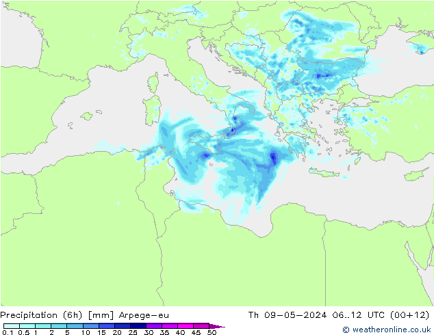 Precipitazione (6h) Arpege-eu gio 09.05.2024 12 UTC