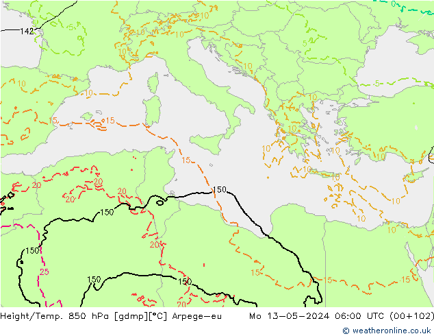 Height/Temp. 850 hPa Arpege-eu pon. 13.05.2024 06 UTC