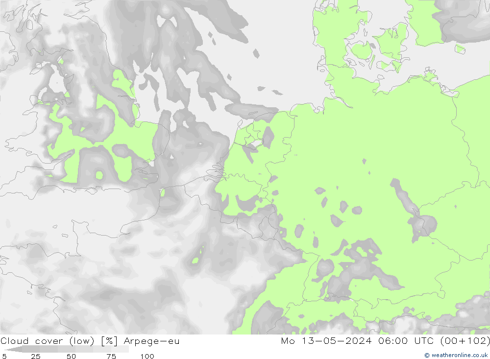 Bewolking (Laag) Arpege-eu ma 13.05.2024 06 UTC