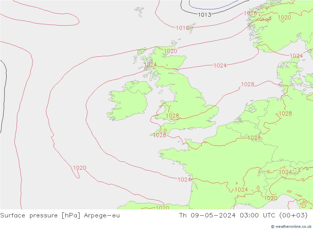 Presión superficial Arpege-eu jue 09.05.2024 03 UTC