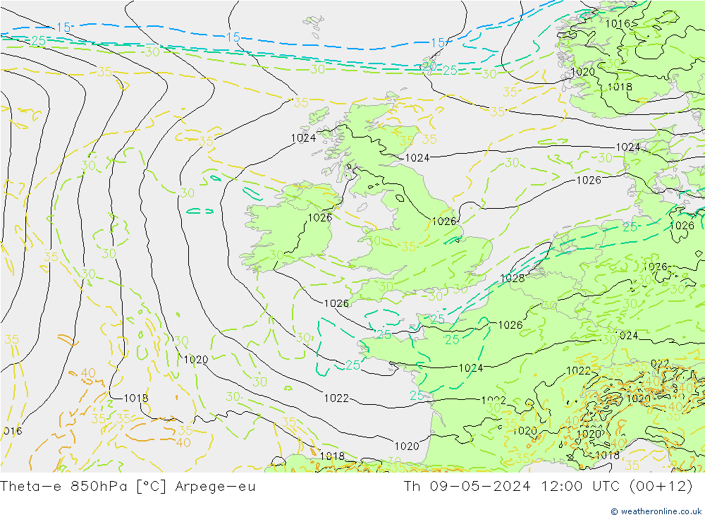 Theta-e 850hPa Arpege-eu Čt 09.05.2024 12 UTC