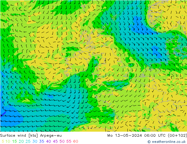 Wind 10 m Arpege-eu ma 13.05.2024 06 UTC