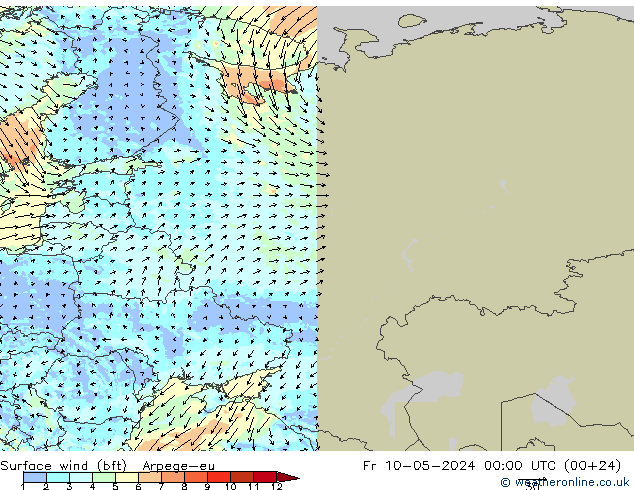 Surface wind (bft) Arpege-eu Pá 10.05.2024 00 UTC