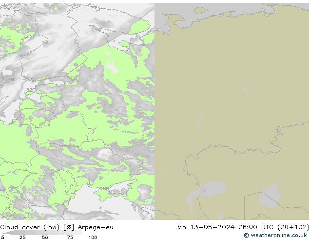 Bewolking (Laag) Arpege-eu ma 13.05.2024 06 UTC