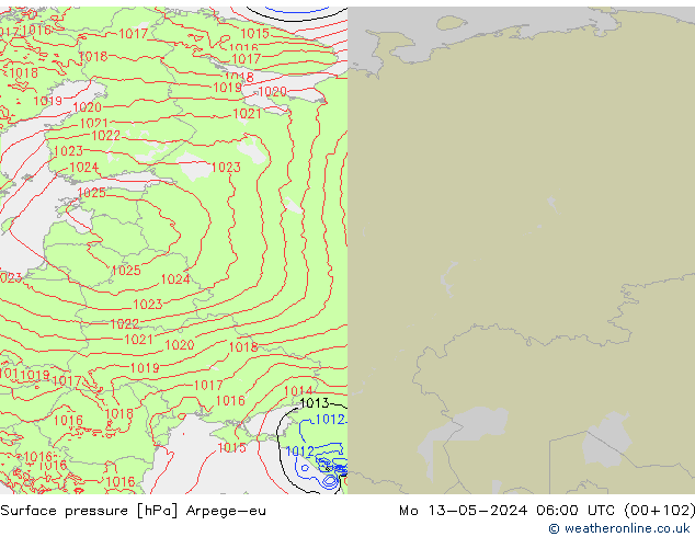 Surface pressure Arpege-eu Mo 13.05.2024 06 UTC