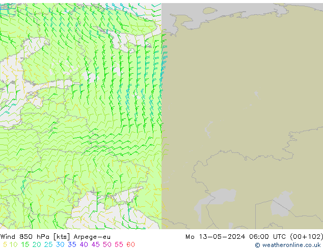 Wind 850 hPa Arpege-eu Mo 13.05.2024 06 UTC