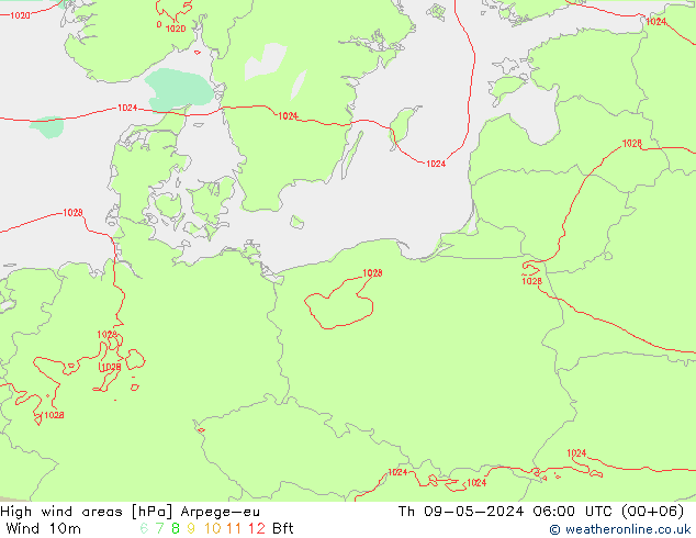 High wind areas Arpege-eu  09.05.2024 06 UTC