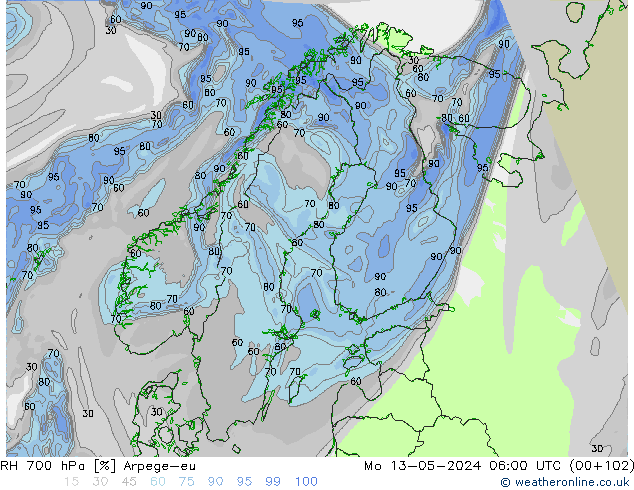 Humidité rel. 700 hPa Arpege-eu lun 13.05.2024 06 UTC