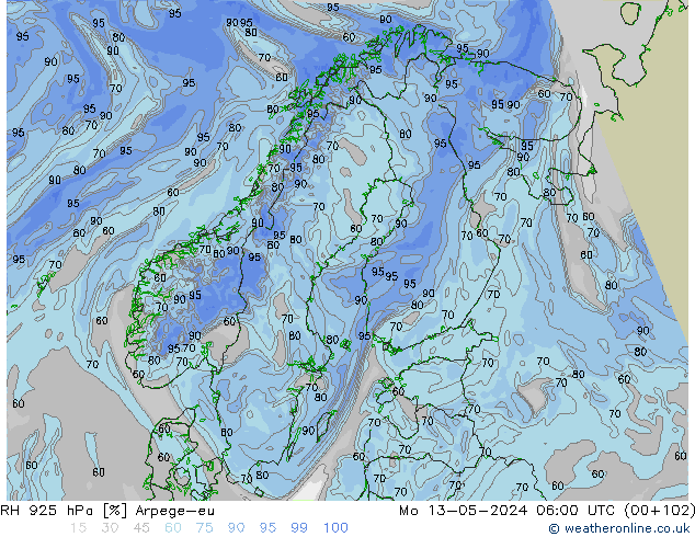 RH 925 hPa Arpege-eu Mo 13.05.2024 06 UTC