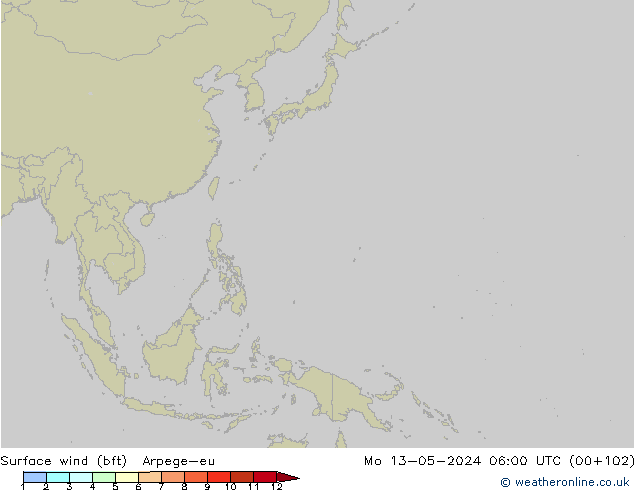 Surface wind (bft) Arpege-eu Mo 13.05.2024 06 UTC