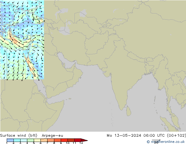 Surface wind (bft) Arpege-eu Po 13.05.2024 06 UTC