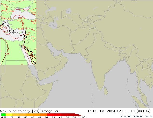 Max. wind velocity Arpege-eu 星期四 09.05.2024 03 UTC