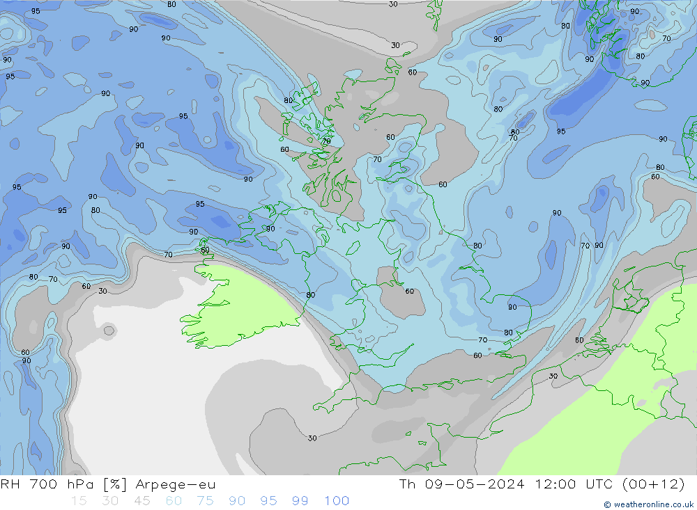 Humidité rel. 700 hPa Arpege-eu jeu 09.05.2024 12 UTC