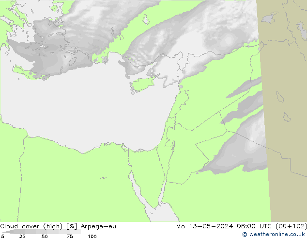 Cloud cover (high) Arpege-eu Mo 13.05.2024 06 UTC