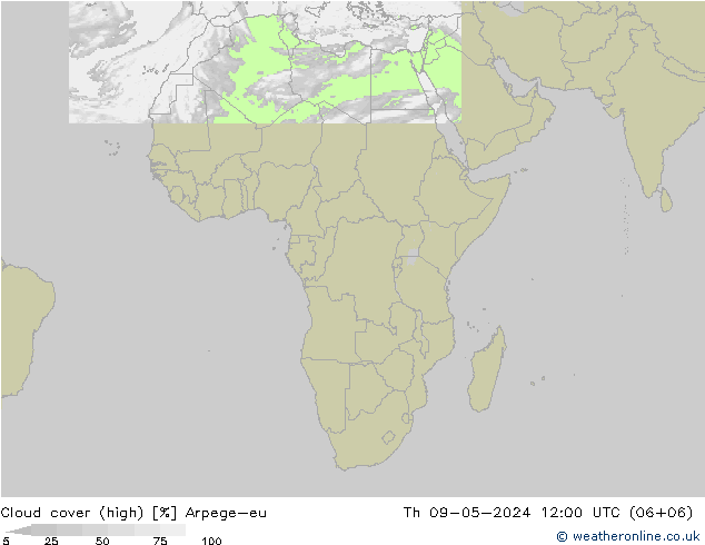 Cloud cover (high) Arpege-eu Th 09.05.2024 12 UTC