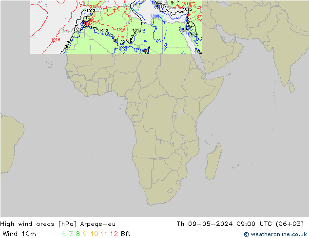 High wind areas Arpege-eu jue 09.05.2024 09 UTC