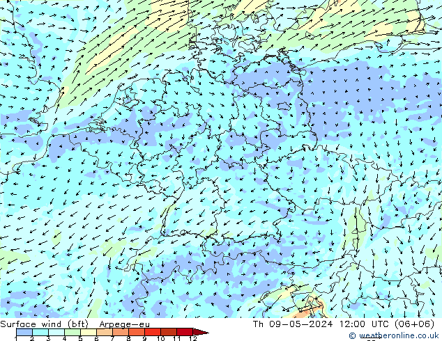 Surface wind (bft) Arpege-eu Th 09.05.2024 12 UTC